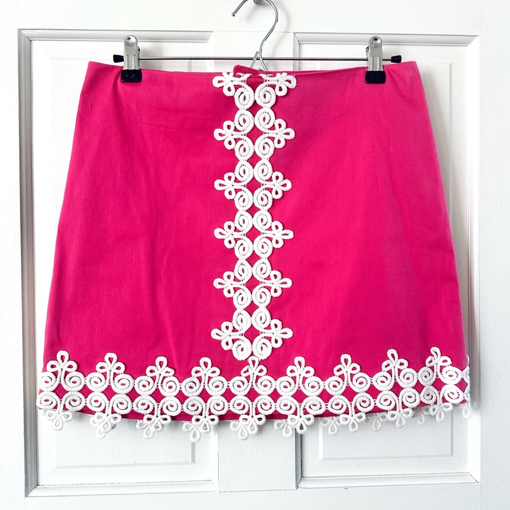 Lilly Pulitzer Mara Pink White Appliqué Embroidered A-Line Mini Skirt Size 2
